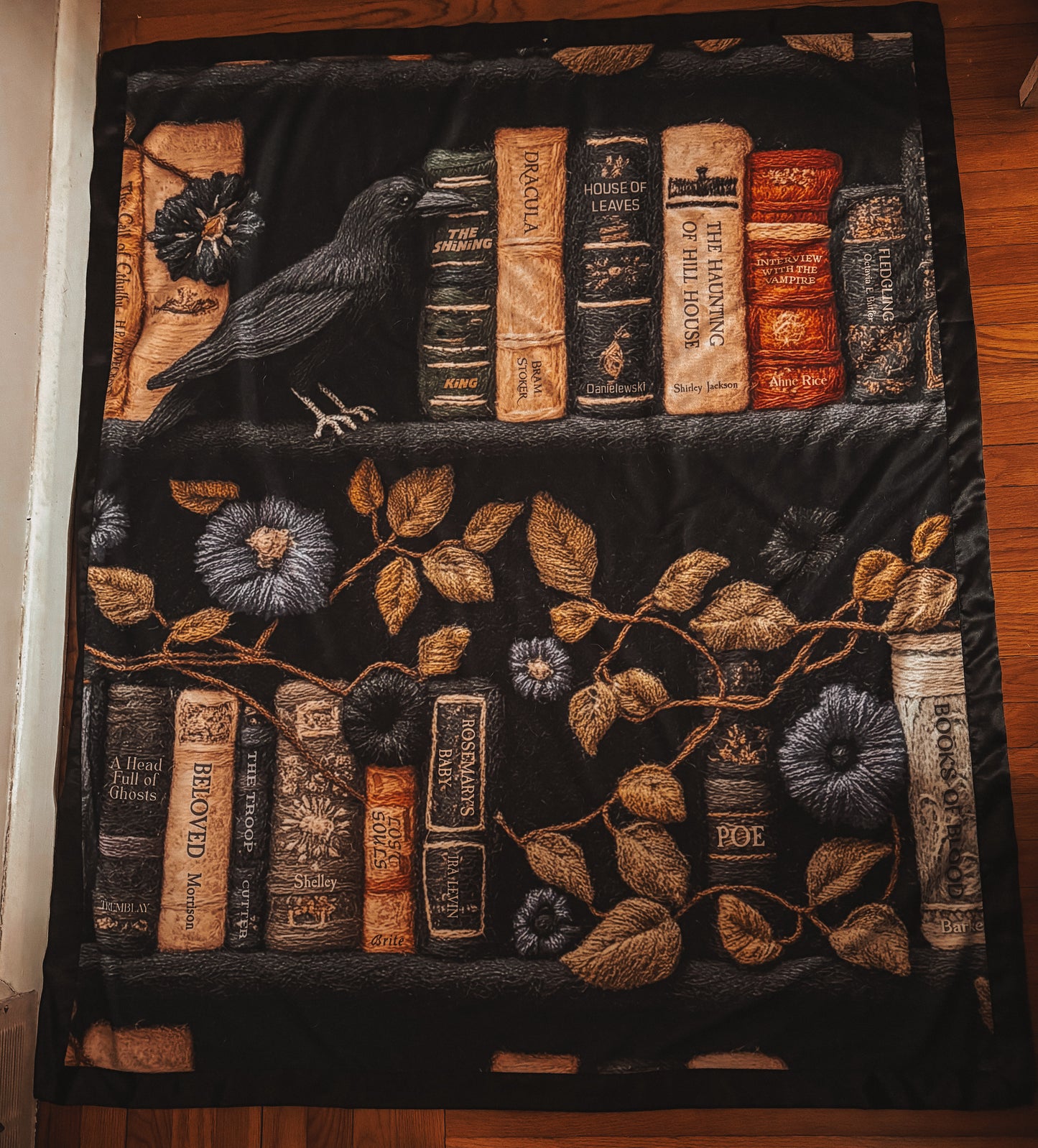 Horror Bookshelf Throw Blanket With Satin Trim