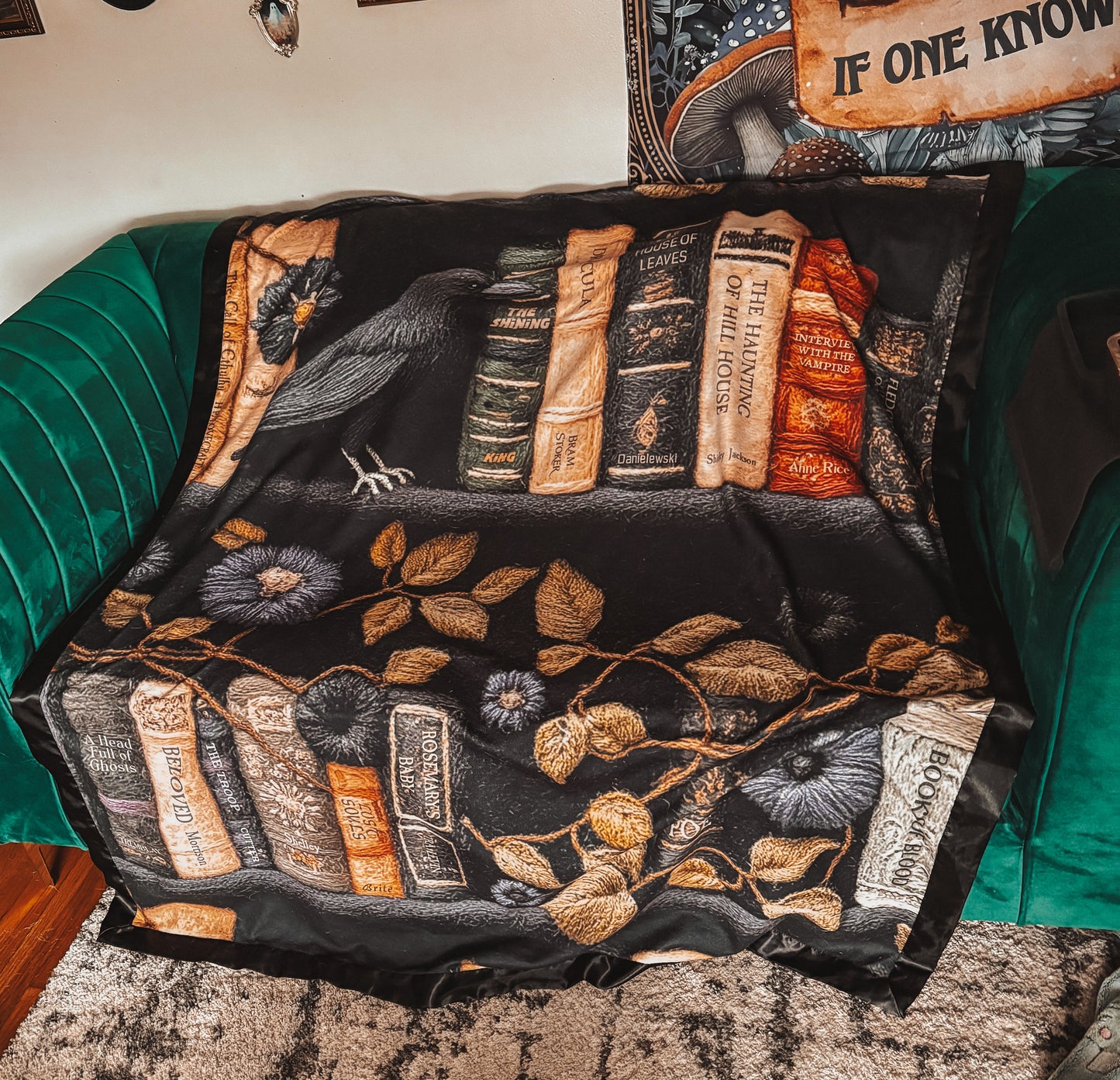 Horror Bookshelf Throw Blanket With Satin Trim